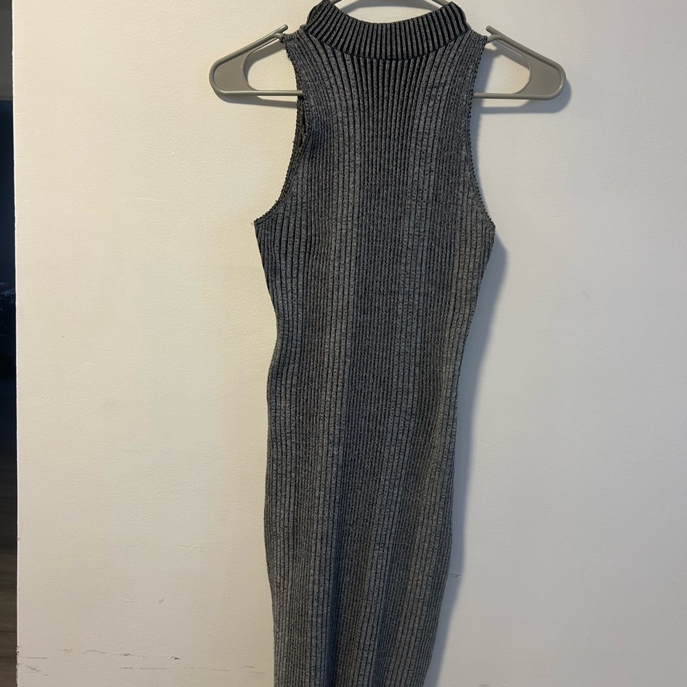 Gray Ribbed Mock Neck Midi Dress